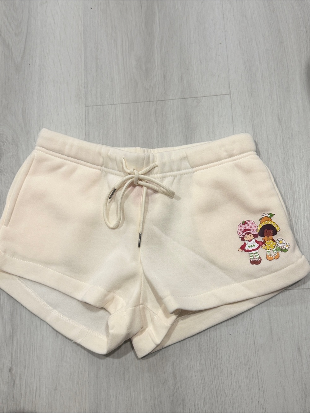 Cream Women’s Drawstring Athletic Shorts with Strawberry Characters
